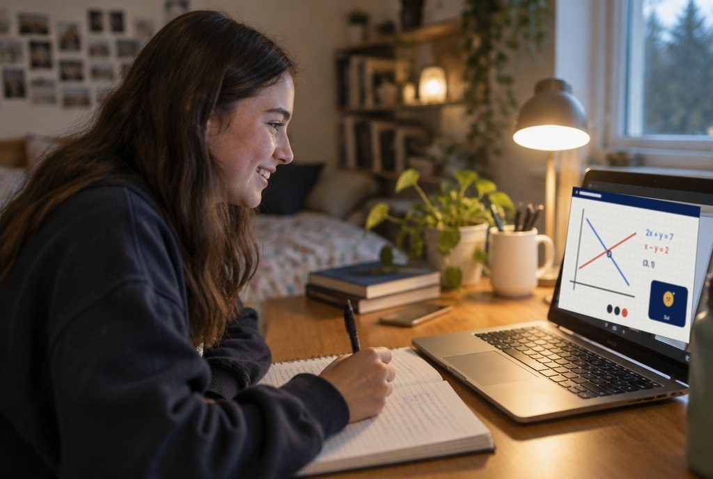 A high school student smiling at her desk during an online tutoring session
