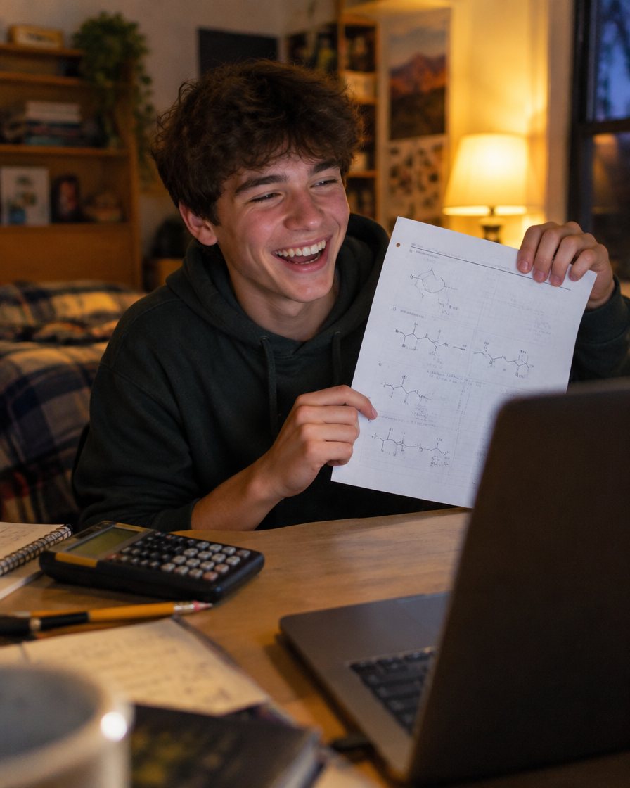 A student laughing as he holds his worksheet up to the laptop camera